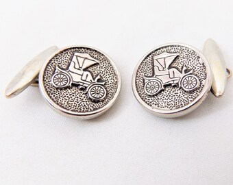 Boutons De Manchette Vintage - Forme Cabriolet Voiture - Ton Argent Et Noir - Années 70 - Sans Marque - Réf. 51616 - Occasion En Bon état