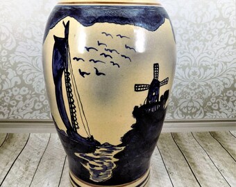 Large Pottery Vase, 15 Inches Tall, Cobalt Blue Windmill, Sailboat, Striped, Hand Painted, Unsigned, Vintage Ceramics