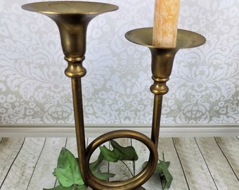 Antiqued Gold Finish, French Horn, Candlestick Holder, Holds Two Candlesticks, Round base, Looped Stems, Vintage Candle Holders