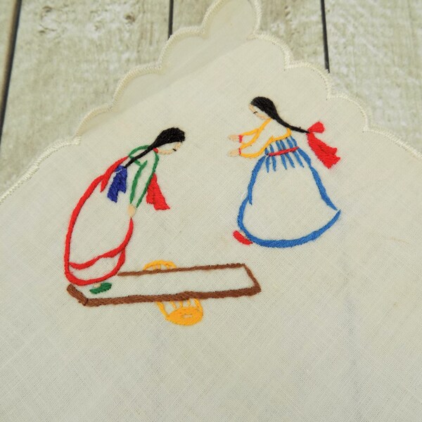 Hand Embroidered Handkerchief, Made in Korea, Two Girls and SeeSaw, Korean Memorabilia, Vintage Handkerchiefs