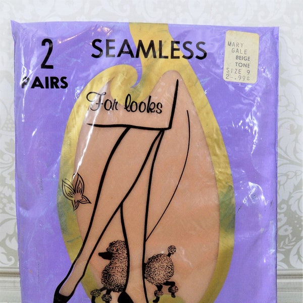 2 Pairs, Seamless Sheer Nylons, First Quality, Mary Gale Beige Tone, Size 9, 400 Needle, Vintage Lingerie