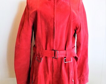 Red Suede Women's Jacket, Helium Casual Coat, Zippered Coat, Silver Tone Accents, Fitted Size Large, Vintage Jacket