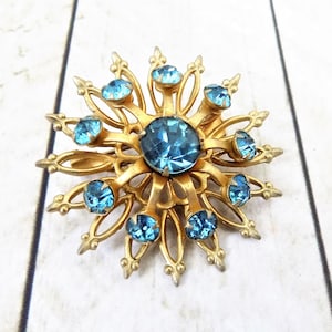 Coro Starburst Brooch, Blue Glass Stones, Atomic Star, Mid Century, Vintage Brooches