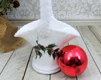 Westmoreland Milk Glass Basket, Holly Berry Pattern, Red and Green, Vintage Glass, Winter Decor