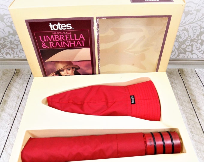 Totes Umbrella and Rainhat Red Set Personal Size 1985 Etsy