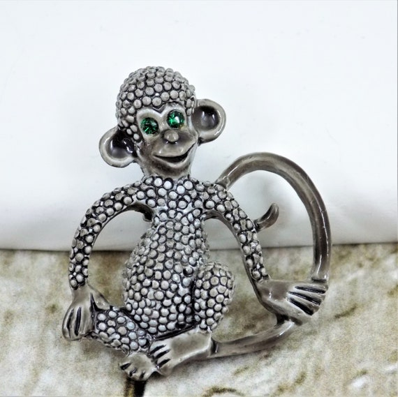 Gerry's Monkey Brooch, Gray Metal Embossed Dots, … - image 4