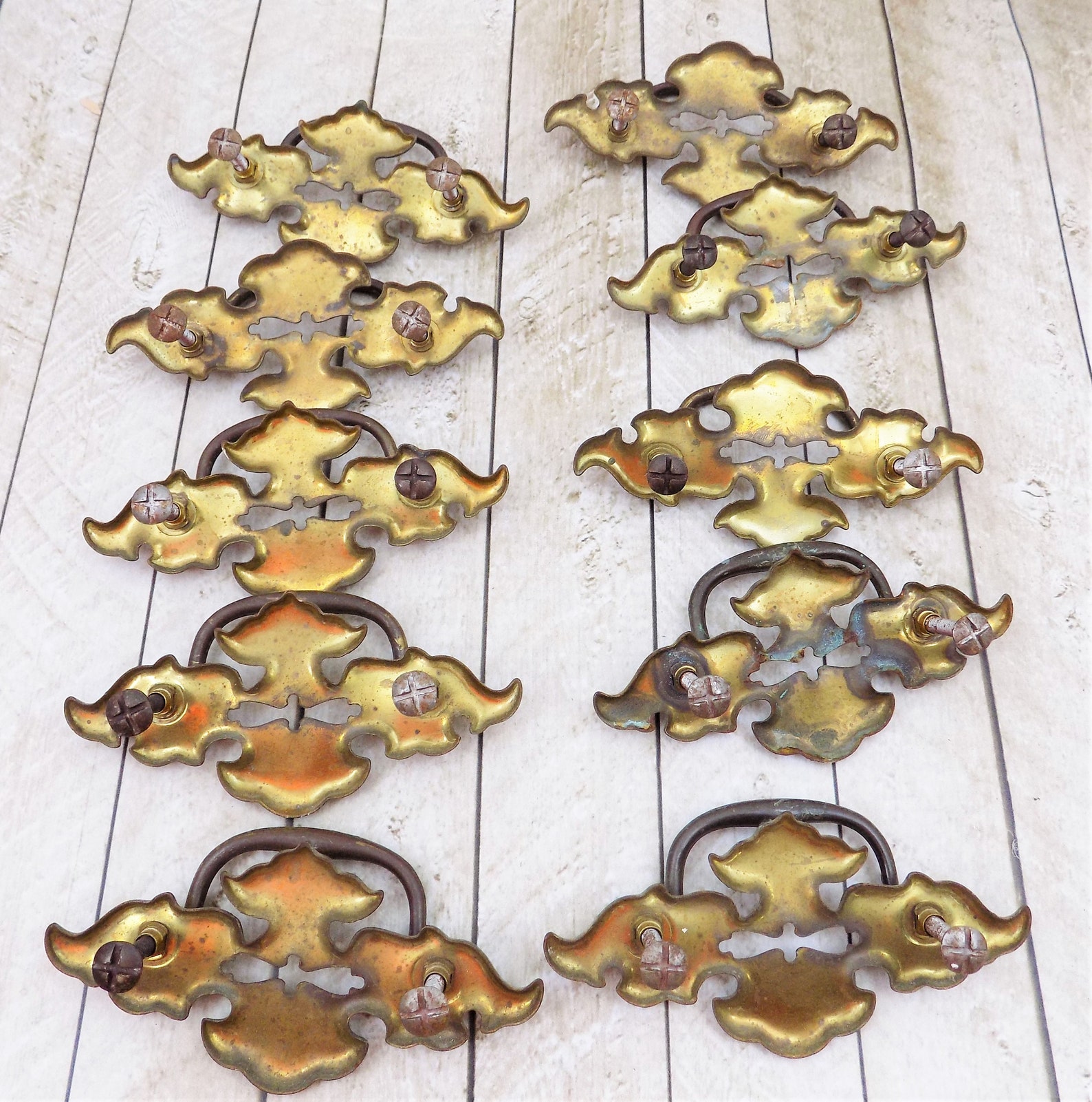 Mid Century Drawer Pulls Brass Handles Stamped Metal Back Etsy