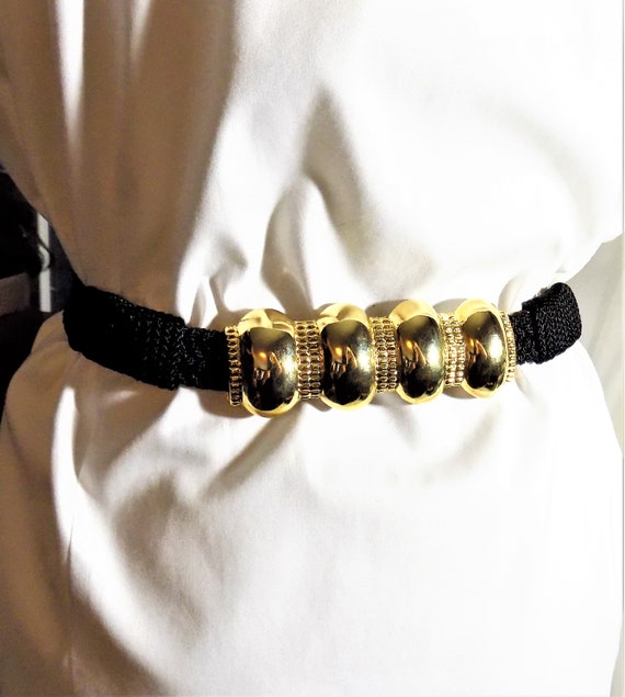 Black Corded Belt, Gold Tone Embellishment, Hook … - image 6