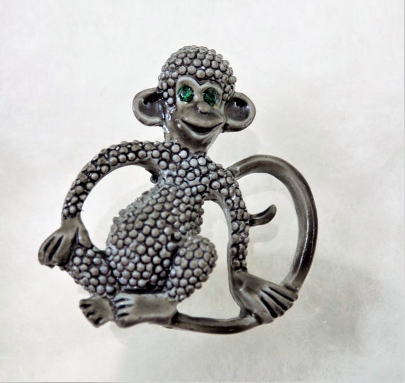 Gerry's Monkey Brooch, Gray Metal Embossed Dots, … - image 1