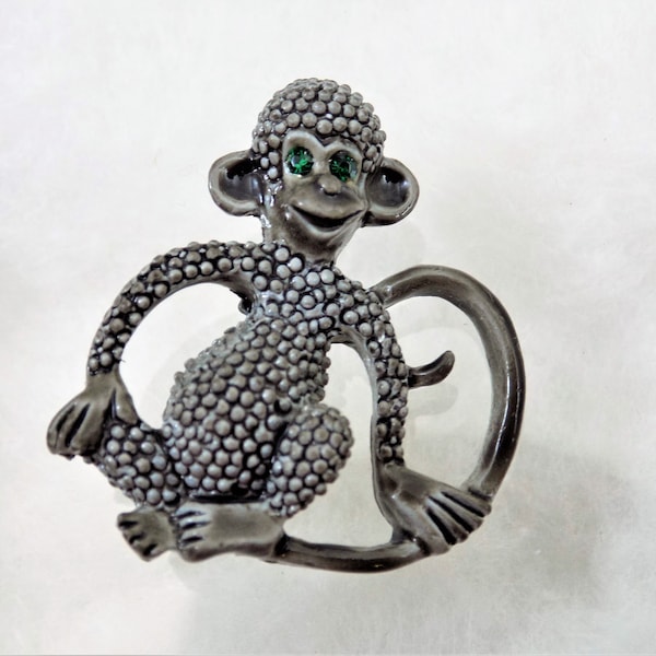 Gerry's Monkey Brooch, Gray Metal Embossed Dots, Green Crystal Eyes, Smiling Monkey Pin, 1970s NOS, Vintage Animal Jewelry, Original Box