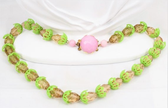 West Germany Green and Pink Necklace, Lucite Peta… - image 1