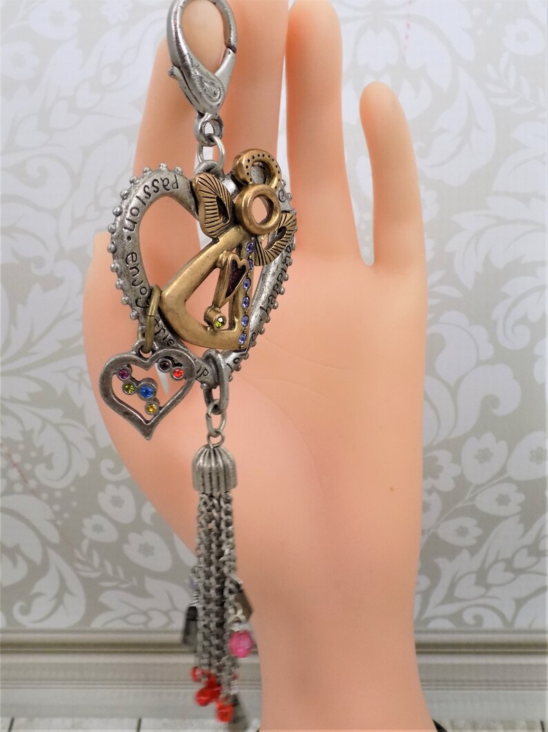 Backpack Clip Two Tone Metal Angel Heart Good Luck Charms, Beaded Tassel Large Purse Clip