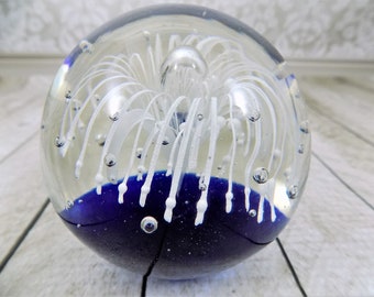 Hand Blown Glass, Floral Fountain Paperweight, Blue and White, Controlled Bubble, Art Glass, Collectible Paperweight,