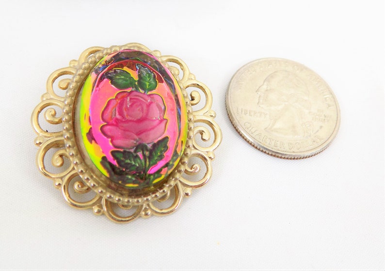 Gold tone Reverse Painted Rose Brooch Vintage Intaglio Brooch