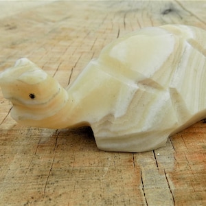 Hand Carved, Banded Agate Turtle, Yellow and White, Black Eyes, Land Turtle
