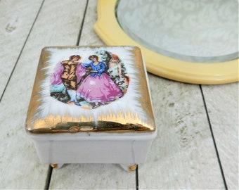 White Porcelain, Footed Trinket Dish, Young Couple Courting, Transfer Graphic, Gold Gilt, Square Shape, Made in Japan