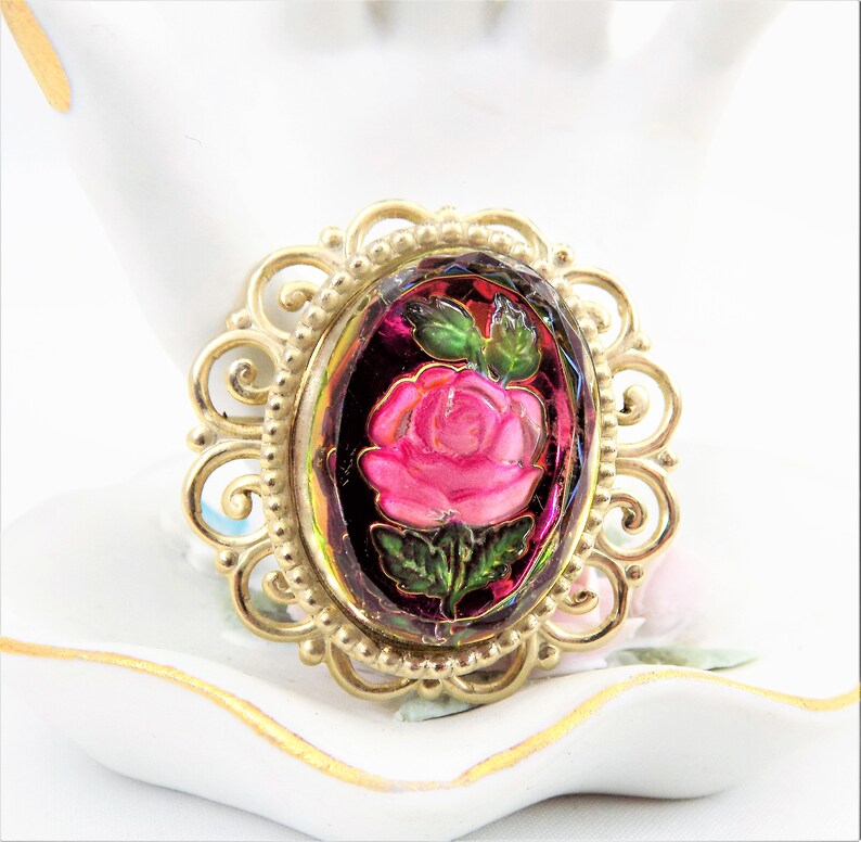 Gold tone Reverse Painted Rose Brooch Vintage Intaglio Brooch