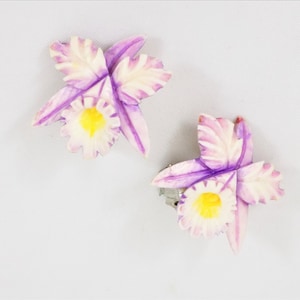Fuschia Orchid Earrings, Clip On, White and Purple, Tropical Jewelry, Vintage Floral Clip On Earrings