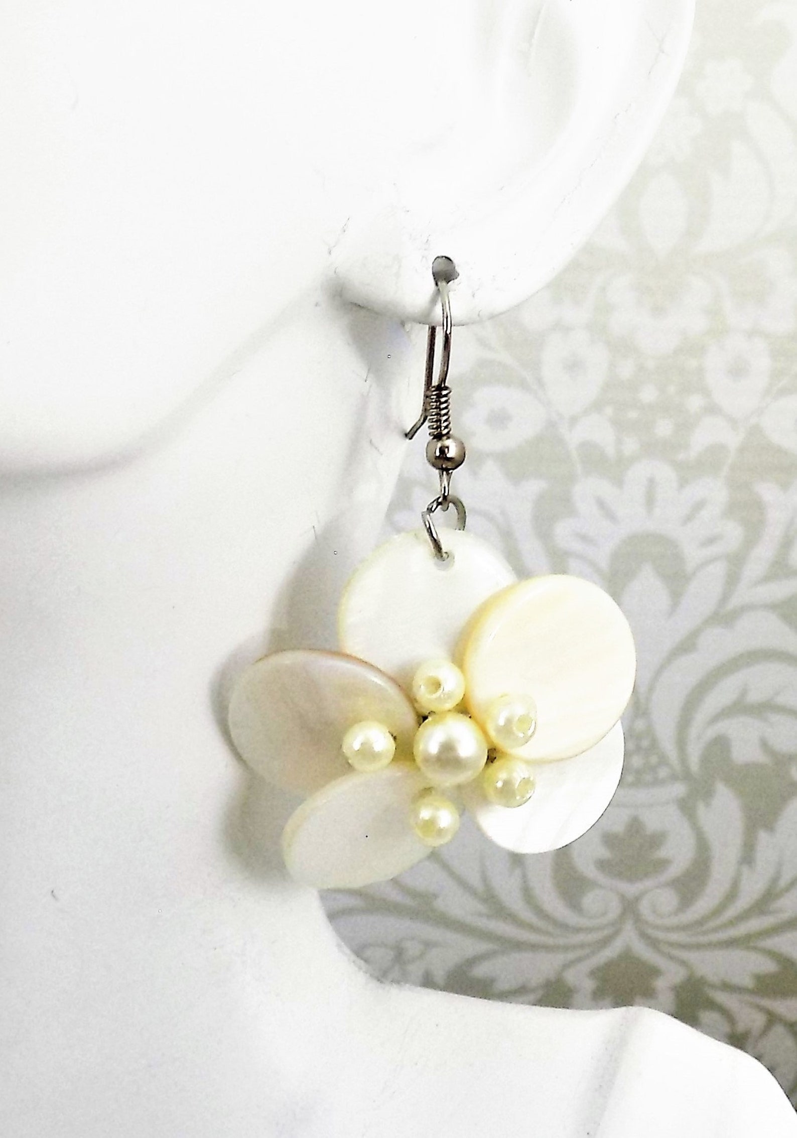 Mother of Pearl Petal Earrings Pearl Beads Pierced Wires Etsy