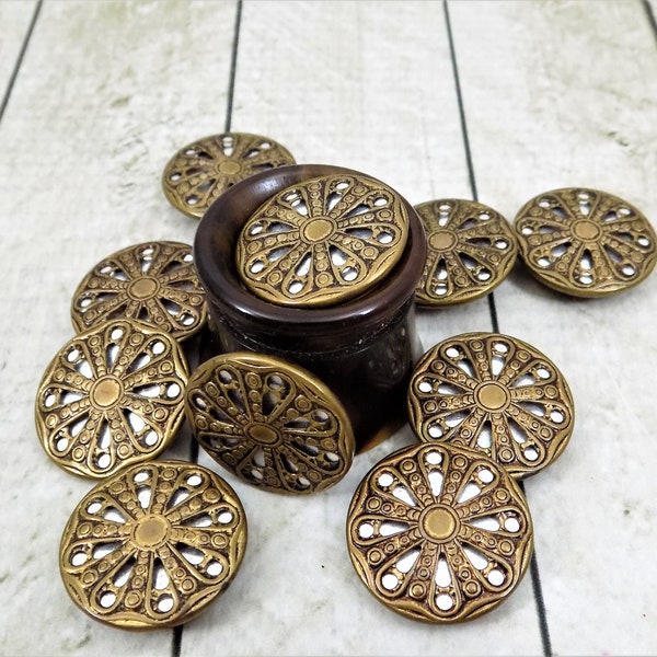 Mirror Back, Antiqued, Pierced Metal, 7/8" Diameter, Vintage Buttons, Sold Individually