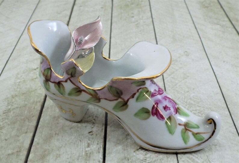 Limoges Porcelain Shoe Ruffled Edge Pink Floral Design Gold Etsy