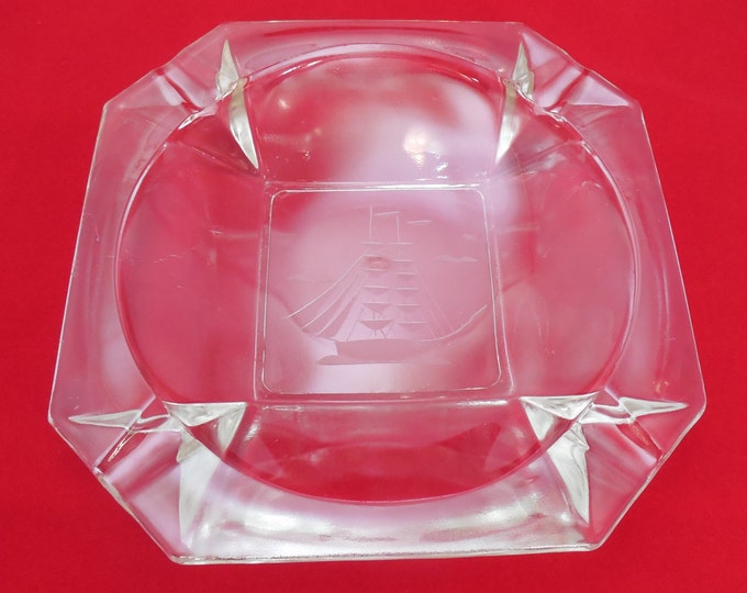 Large Clear Glass Ashtray With Etched Ship 9, Vintage Glass Ashtray