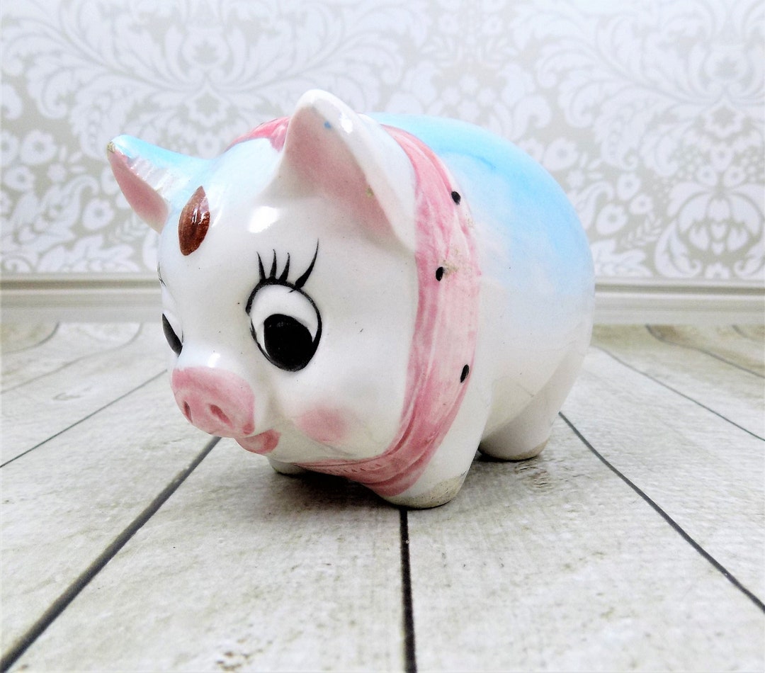 Piggy Bank Ceramic Pig Long Eyelashes Slot on Top Cute bow