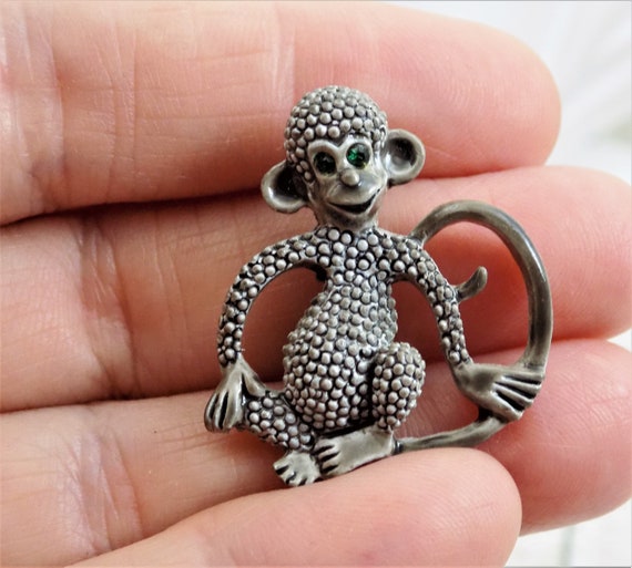 Gerry's Monkey Brooch, Gray Metal Embossed Dots, … - image 3