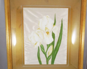 Iris Oil Painting on Silk 21" by Henry LaForet, Vintage Oil on Silk Painting, Newer Frame on Older Painting, Framed and Matted