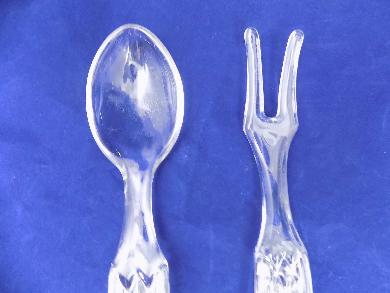 Clear Glass Serving Spoon and Fork Set Diamond Cut Handles Etsy