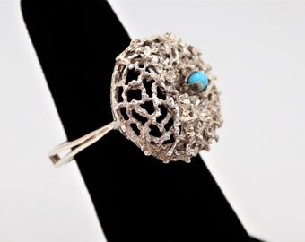 Sterling Birds Nest Ring, Turquoise Round Bead, Square Band, Boho, Openwork Silver, Artisan Ring