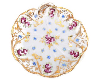 Porcelain Round Dish, Floral  Trinket Dish, Gold Trim with Roses, Dresser Decor, Boudoir Decor