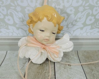 Ceramic Cherub, Ribbon Bow, Hanging Ornament, Painted China, 1987 Scioto Mold, Vintage Home Ornaments