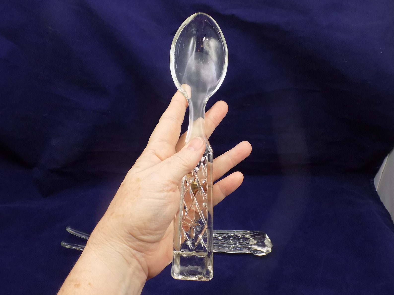 Clear Glass Serving Spoon and Fork Set Diamond Cut Handles Etsy