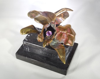 Brass Orchid Sculpture, Black Stone Base, Art Nouveau Style, Mid Century,  Brass Cast, Purple Rhinestone, Vintage Art Sculpture