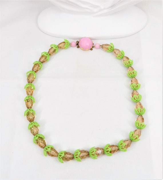 West Germany Green and Pink Necklace, Lucite Peta… - image 3