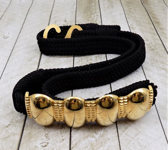 Black Corded Belt, Gold Tone Embellishment, Hook … - image 7