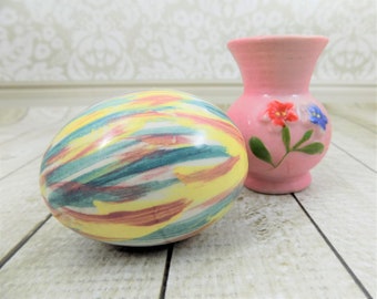 Ceramic Egg and Vase, Small Japanese, Pink Vase, Floral Design, Multi Color Egg, Easter Decor, Vintage Spring Collectibles