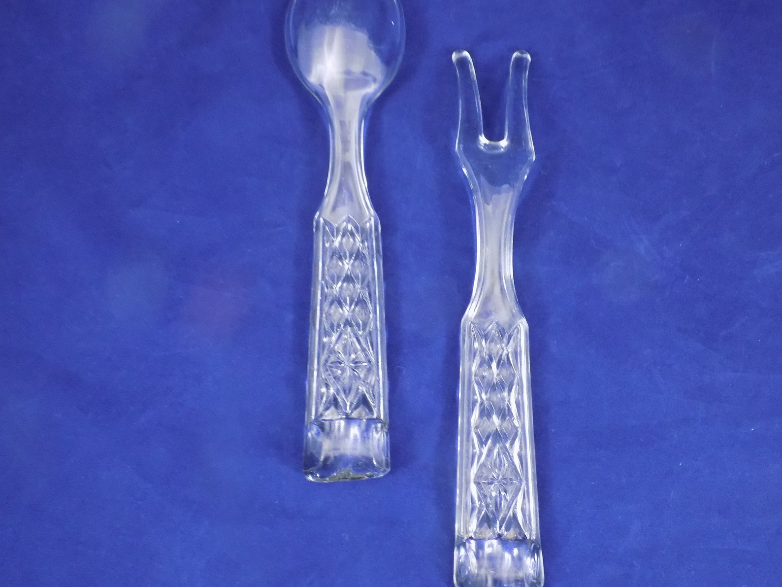 Clear Glass Serving Spoon and Fork Set Diamond Cut Handles Etsy