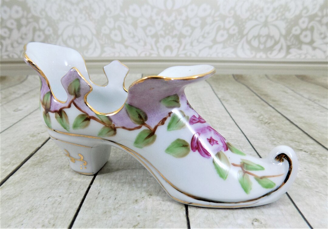 Limoges Porcelain Shoe Ruffled Edge Pink Floral Design Gold Etsy