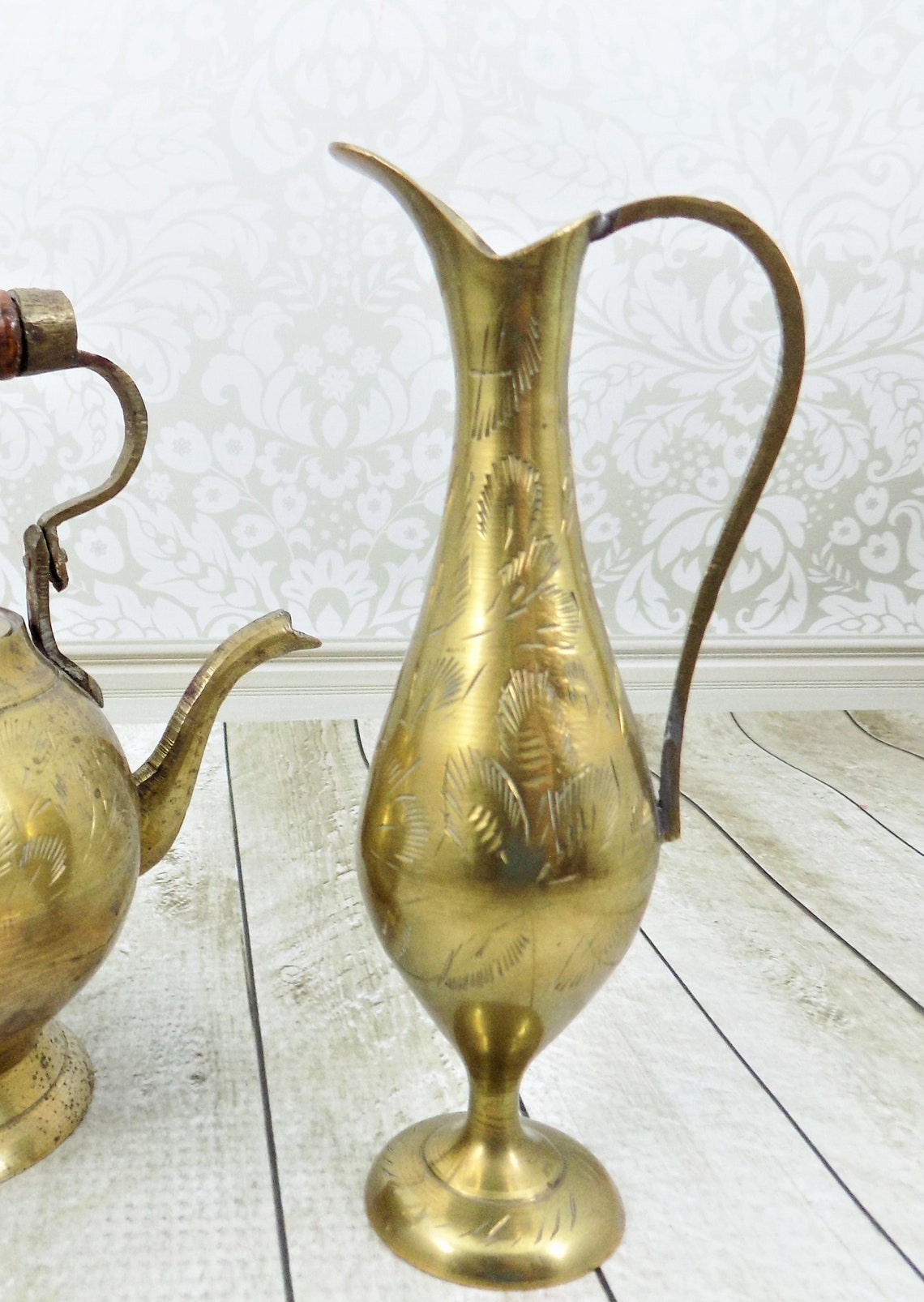 Small Etched Brass Pitcher Made in India Vintage Brass Hand Etsy
