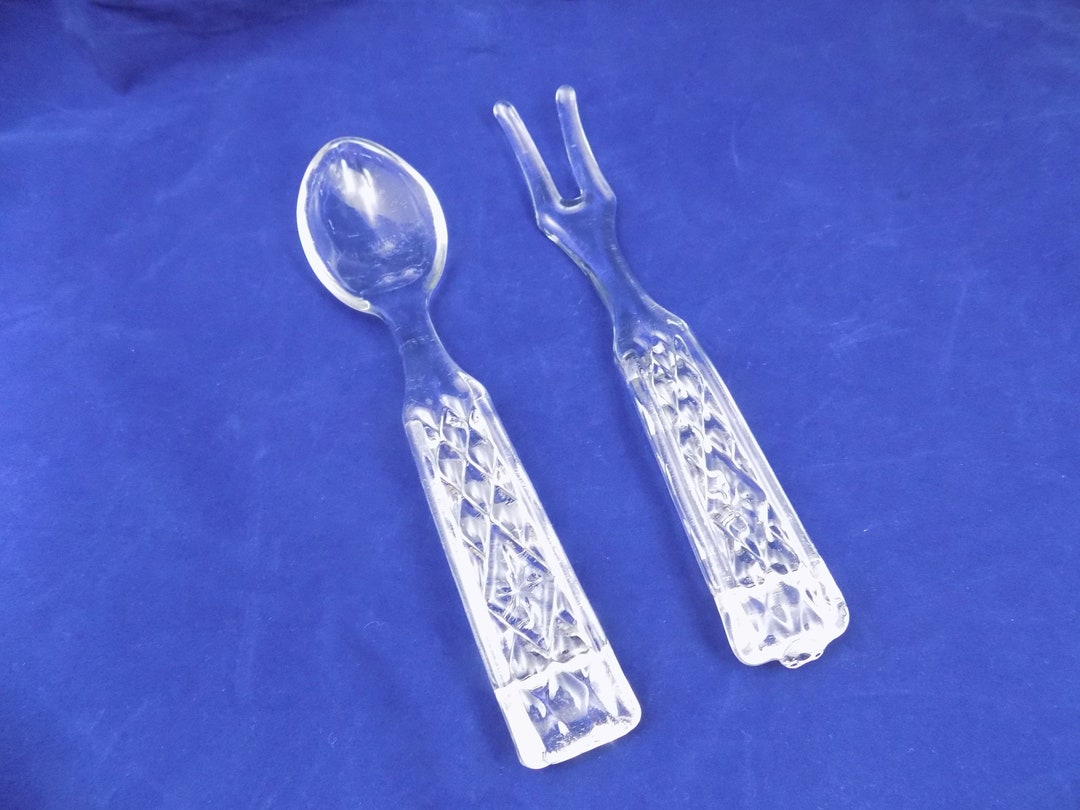Clear Glass Serving Spoon and Fork Set Diamond Cut Handles Etsy