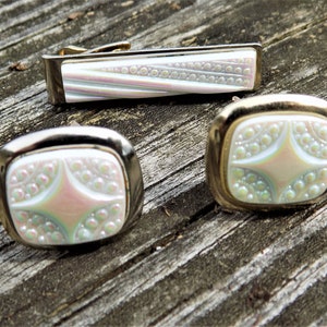 Iridescent Cuff Links Set, White Glass, Gold Tone, Tie Clip, Cufflinks, Men&#39;s Accessories, Vintage Cuff Links and Tie Clip