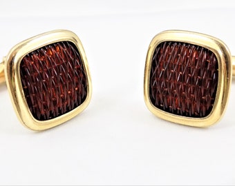 Krementz Cuff Links, Brown Lucite Basketweave, Gold Tone, Vintage Men's Accessories, Mid Century Cufflinks