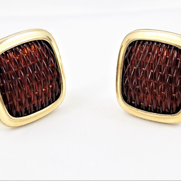 Krementz Cuff Links, Brown Lucite Basketweave, Gold Tone, Vintage Men's Accessories, Mid Century Cufflinks