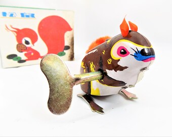 Wind Up Squirrel, Litho Toy, With Key, Clock Work, Working Toy, Brown and Orange, Vintage Toy Collectible