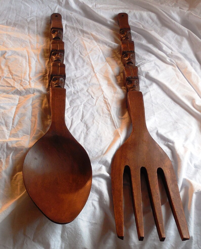 Large Wood 27 Fork and Spoon Tiki Carved Wall Hanging Etsy