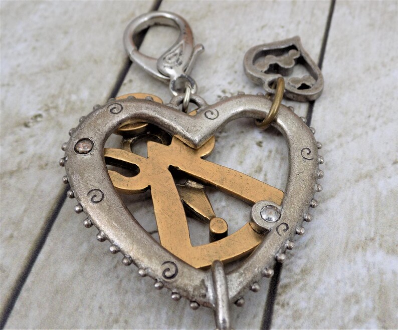 Backpack Clip Two Tone Metal Angel Heart Good Luck Charms, Beaded Tassel Large Purse Clip