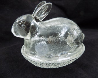 Glass Bunny on Nest, Clear Rabbit on Basket, Easter Decor, Spring Bunny Dish, Vintage Glass