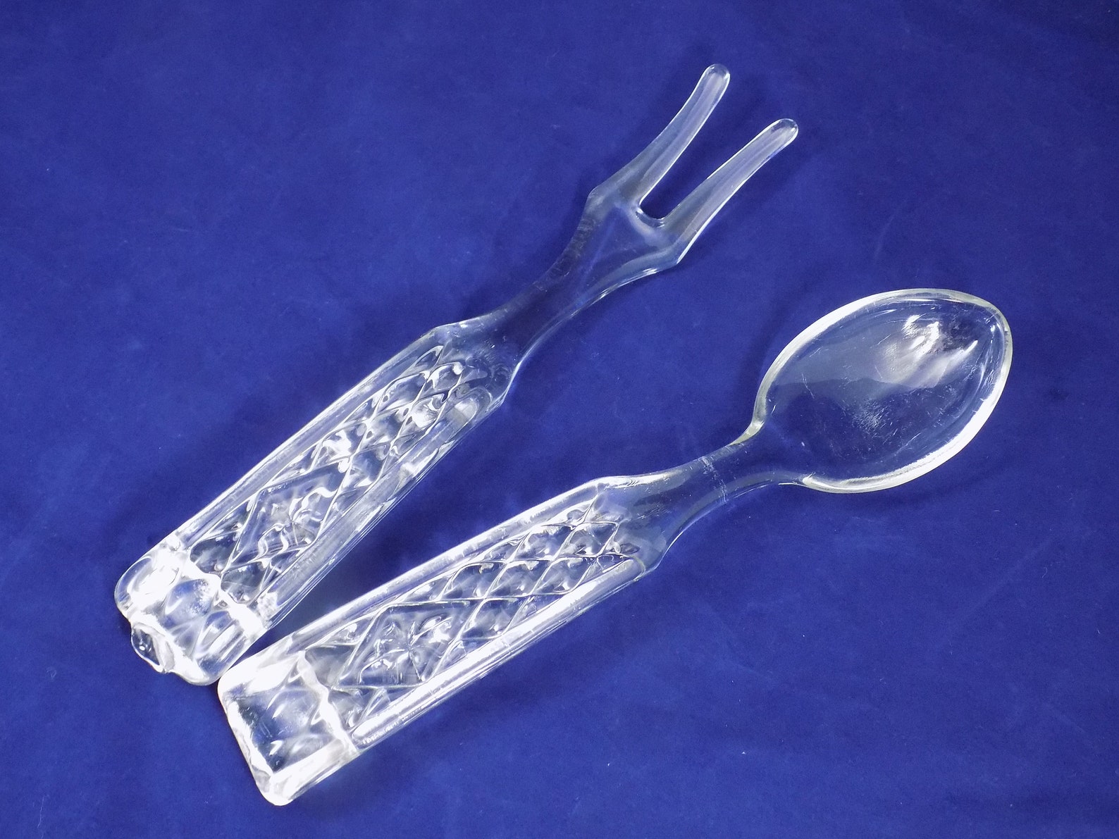 Clear Glass Serving Spoon and Fork Set Diamond Cut Handles Etsy